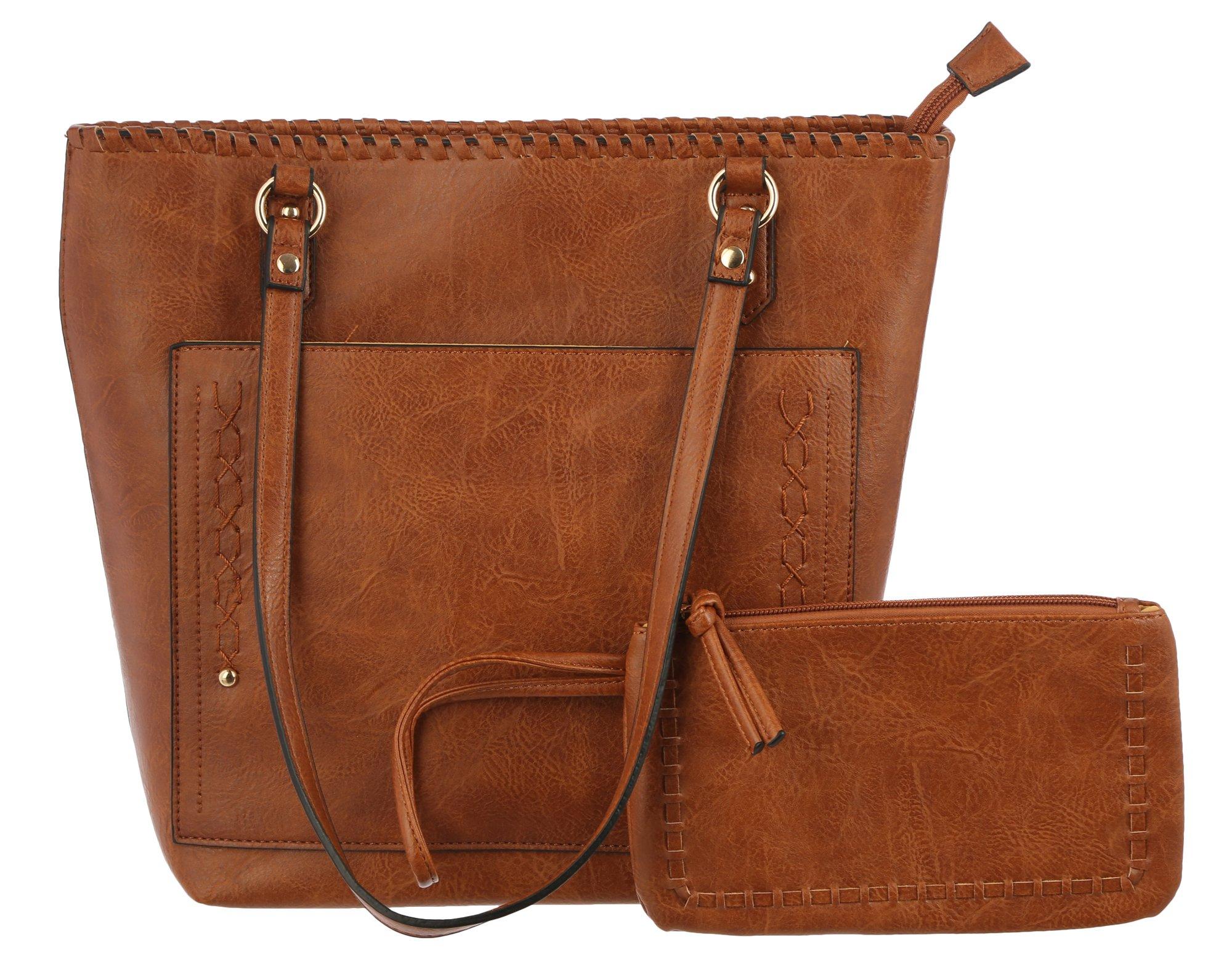 Faux Leather Satchel Bag And Clutch