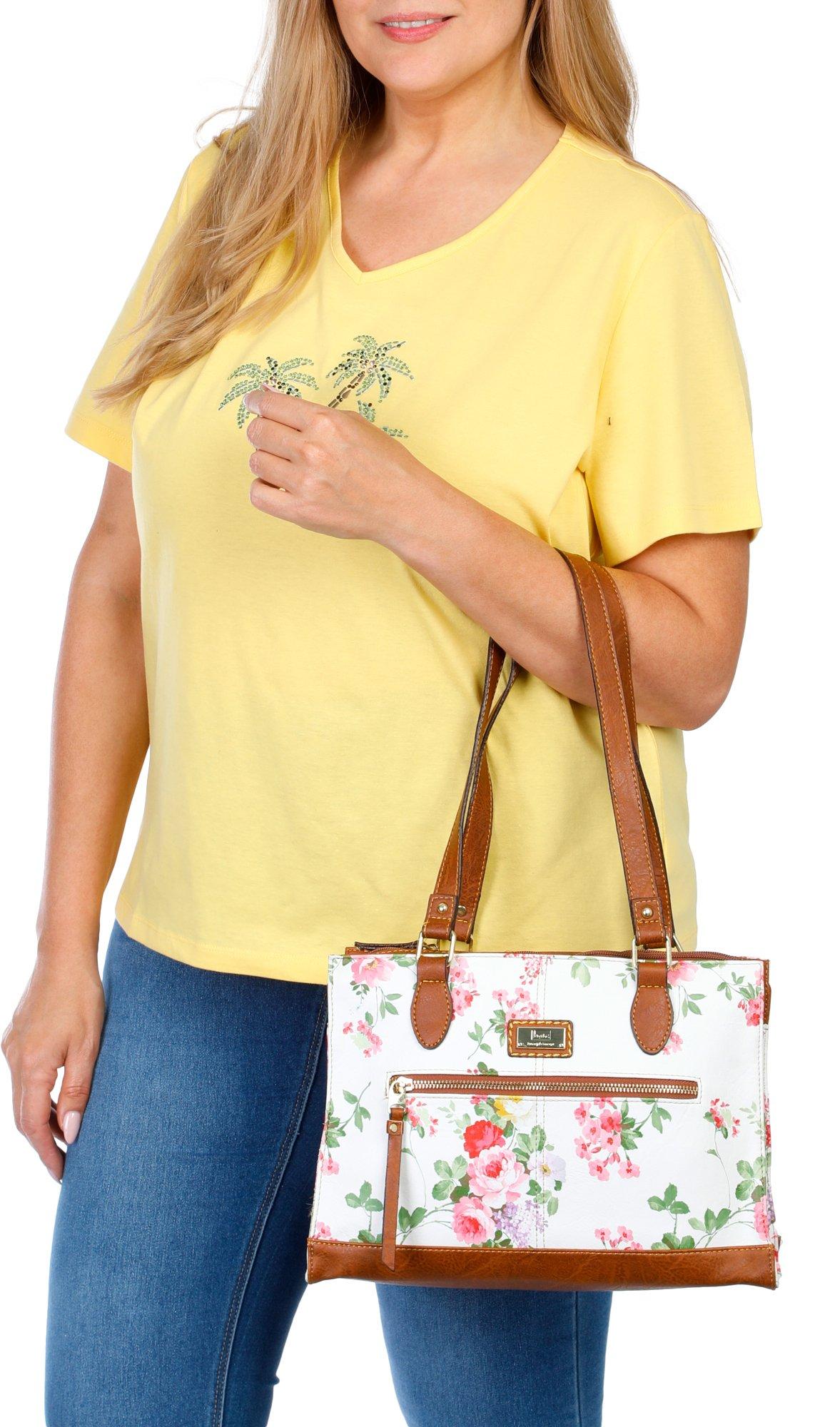 Faux Leather Floral Double Zipper Tote