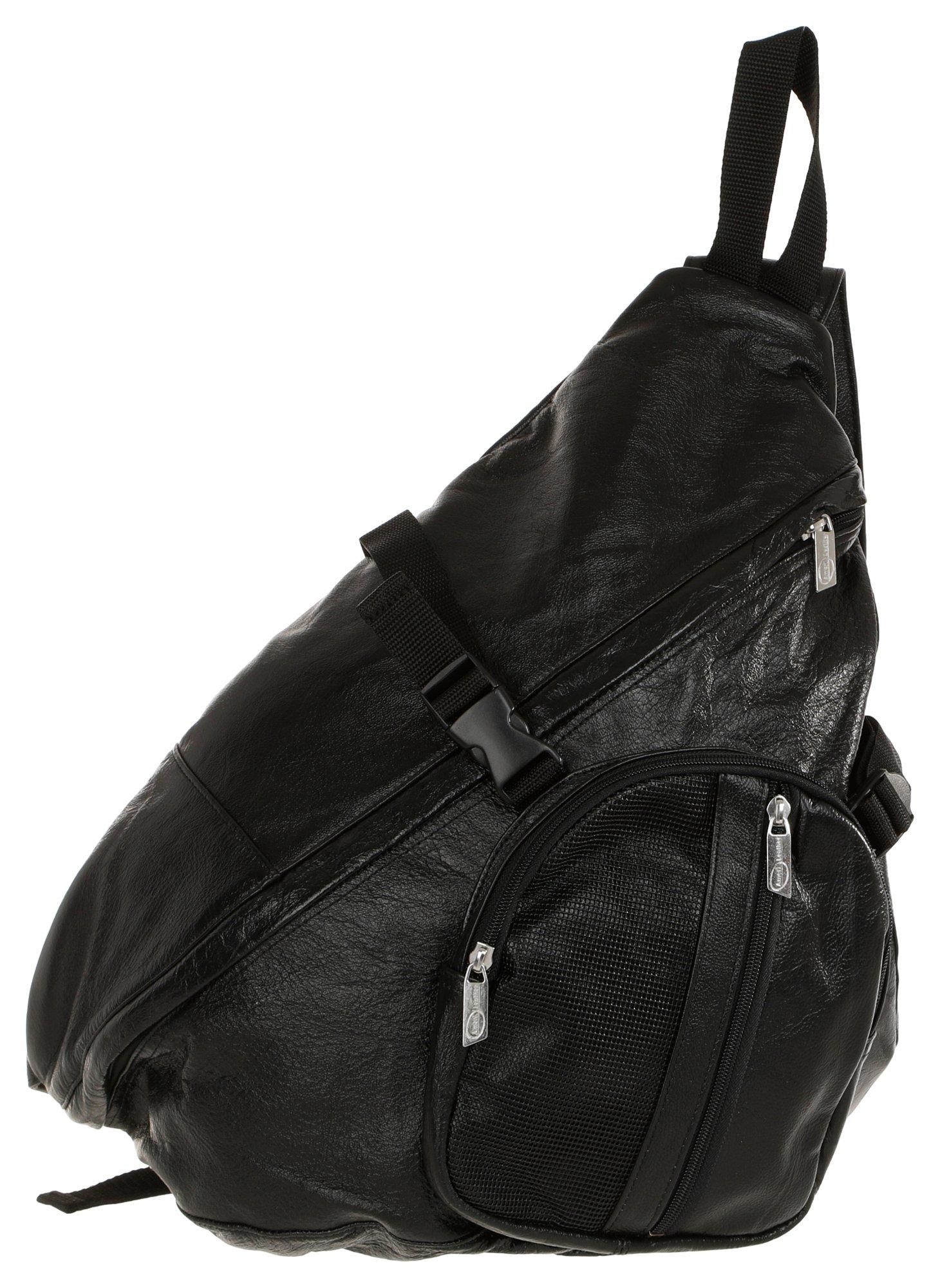Genuine Leather Crossbody Sling Backpack - Black