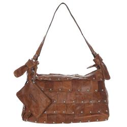 Genuine Leather Studded Tote - Brown