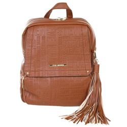 Faux Leather Embossed Logo Backpack - Brown