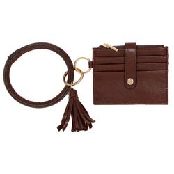 Solid Faux Leather Wrist Wallet with Bracelet - Brown