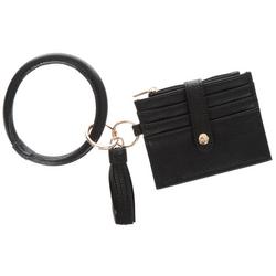 Faux Leather Wrist Wallet w/ Oring Bracelet - Black