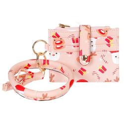 Christmas Faux Leather Wrist Wallet w/ Oring Bracelet - Pink
