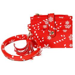 Christmas Faux Leather Wrist Wallet w/ Oring Bracelet - Red
