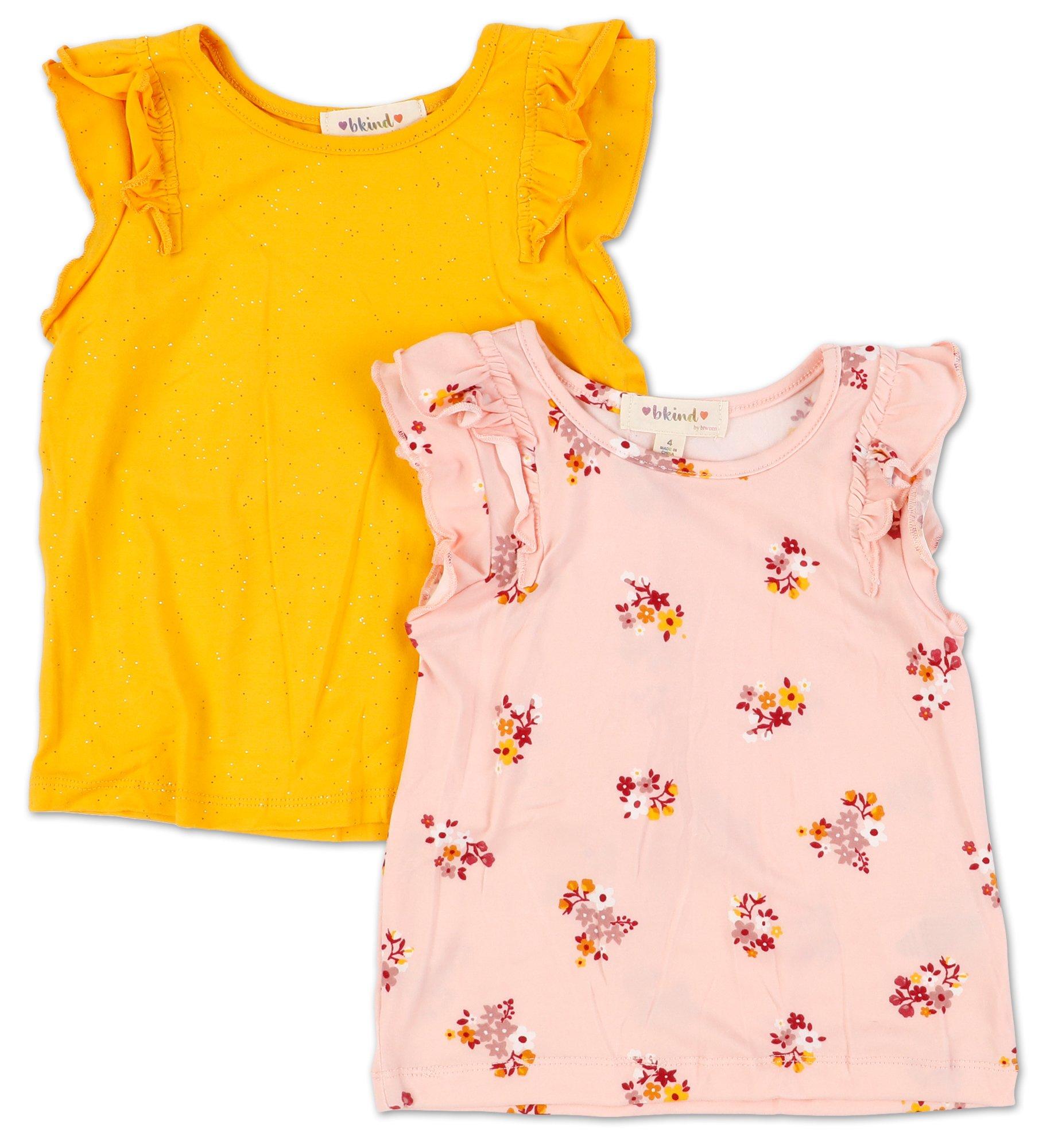 Little Girls 2 Pk Ruffle Sleeves Tops - Yellow/Pink