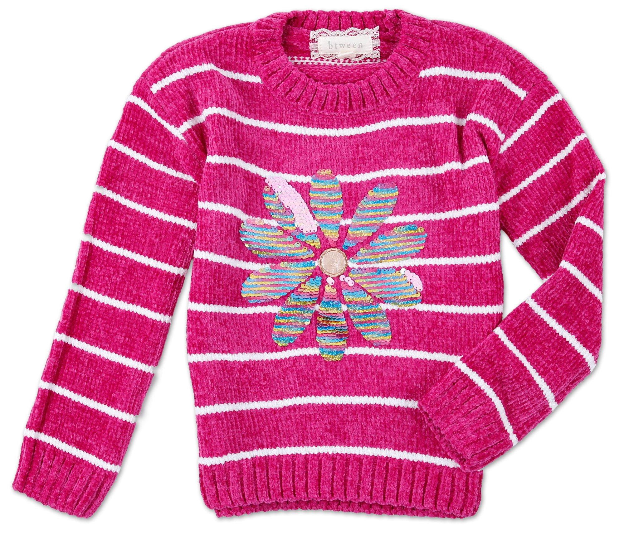 Little Girls Striped Sequin Flower Sweater