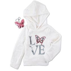 Little Girls Faux Fur Sequin Love Hooded Top - White