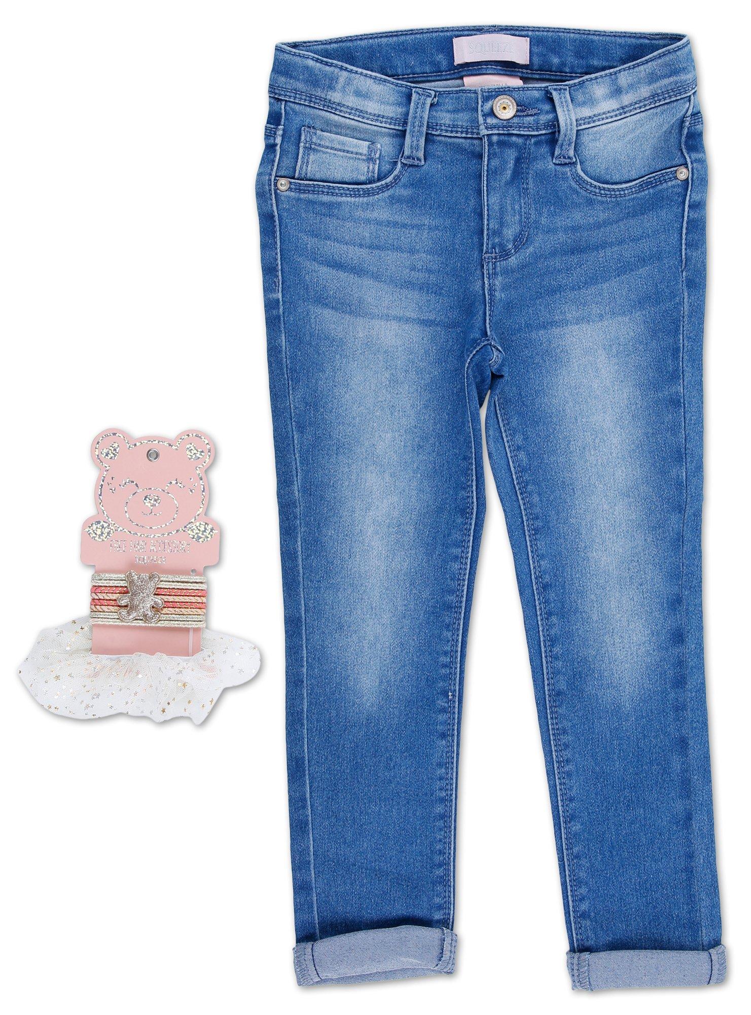 Little Girls 2 Pk Rolled Cuff Jeans & Hair Ties