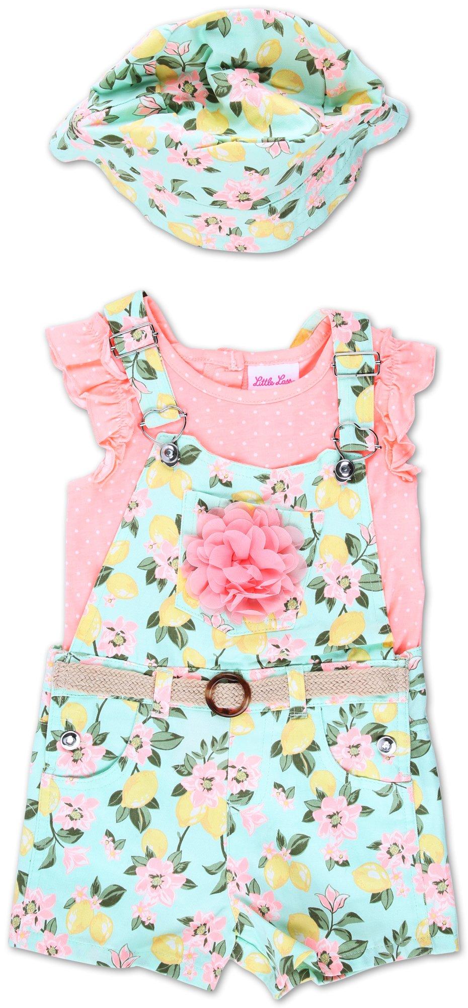 Little Girls 3 Pc Floral Overall Shorts Set