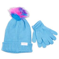 Girls 2 Pc Solid Cable Knit Hat and Gloves Set - Blue