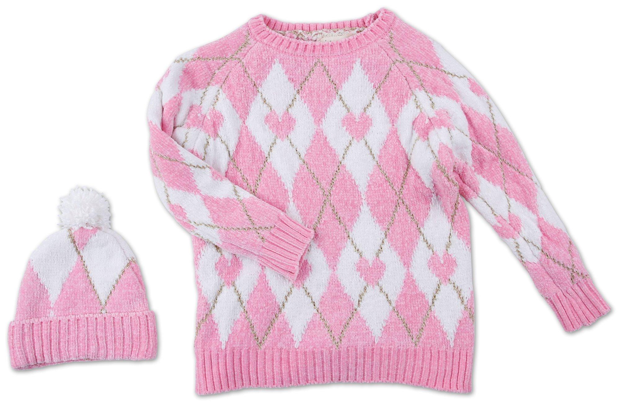 Girls 2 Pc Heart Sweater Knit & Hat Set