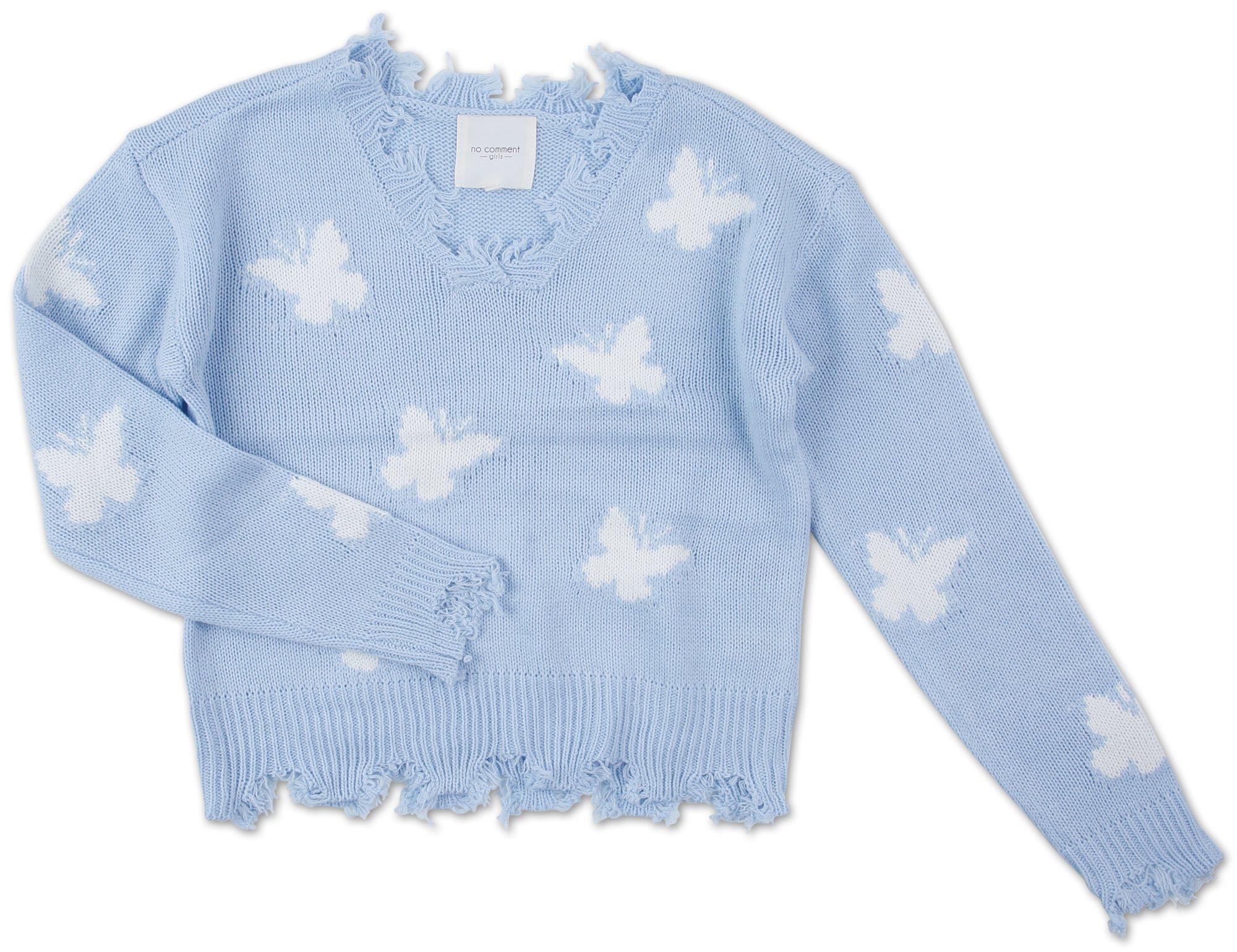 Girls Butterfly Print Frayed Sweater