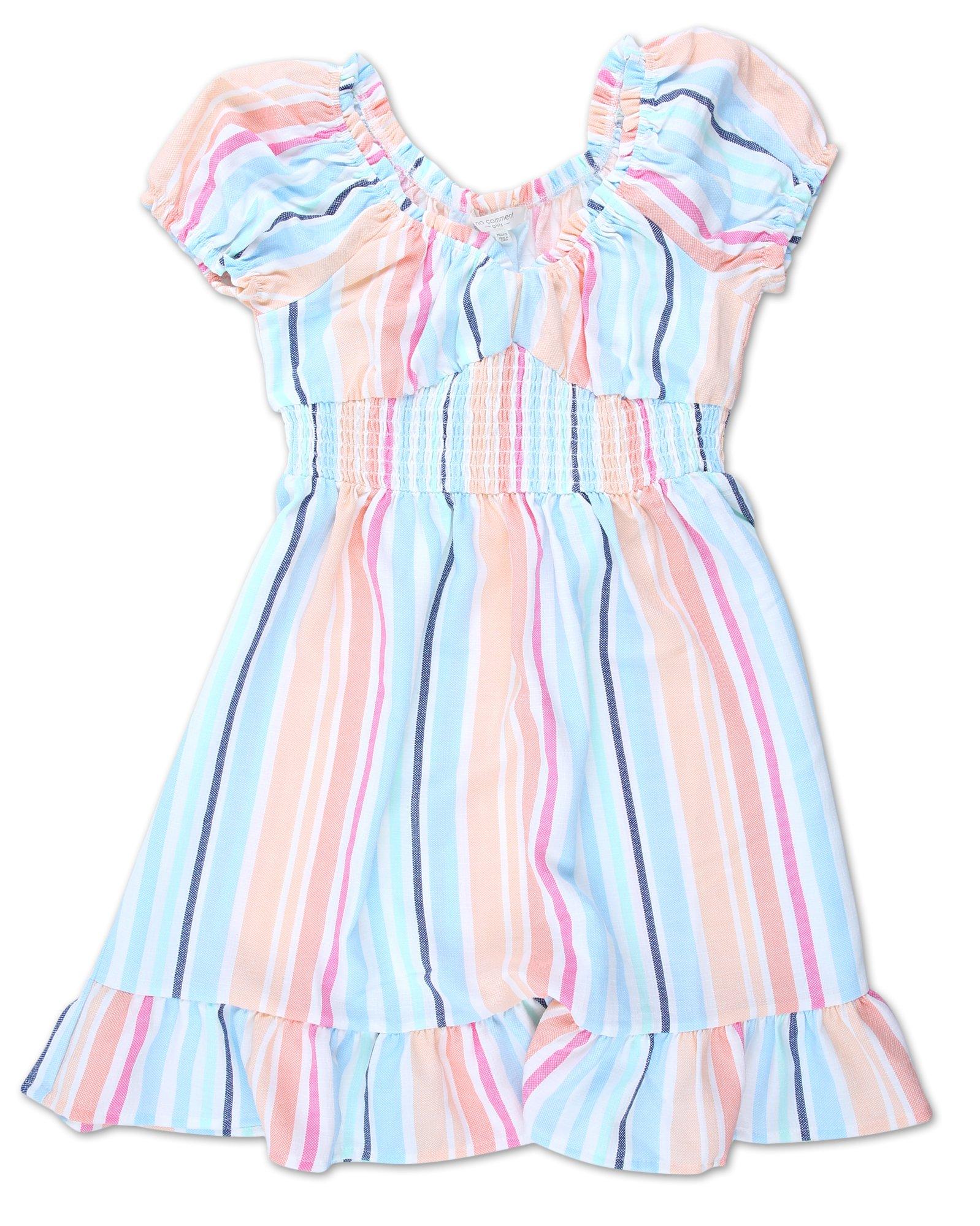 Girls Stripe Print Smocked Waist Dress