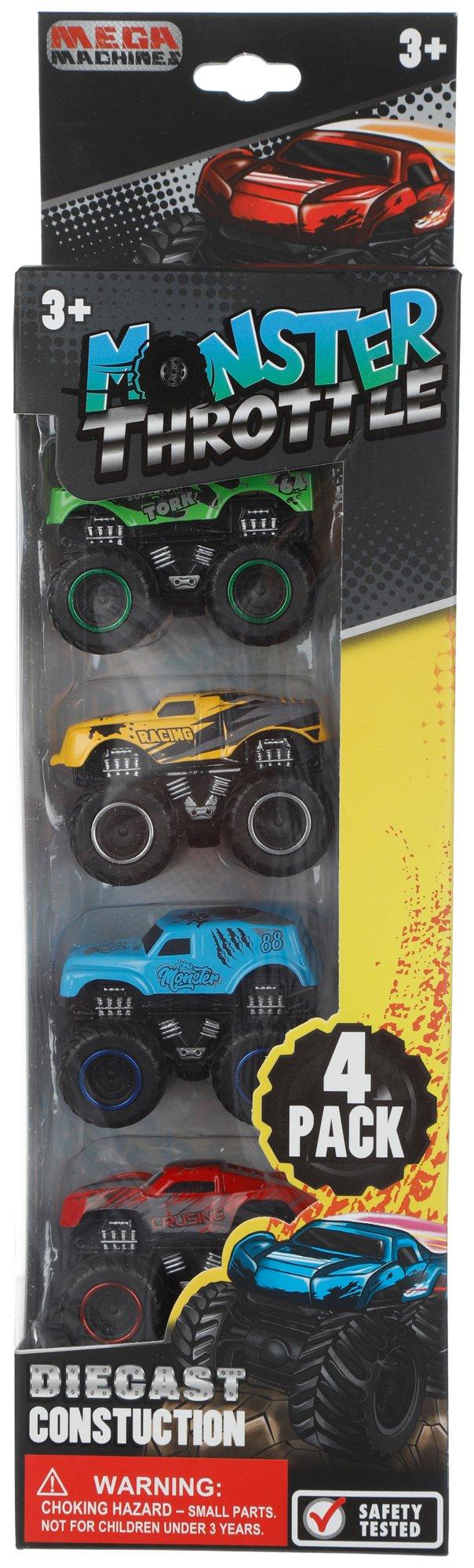 4 Pk Monster Throttle Toy Trucks
