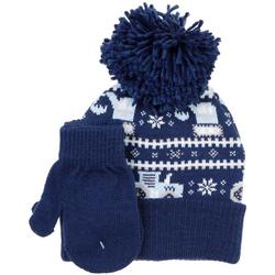 Toddler Boys Christmas Hat and Mittens Set - Blue