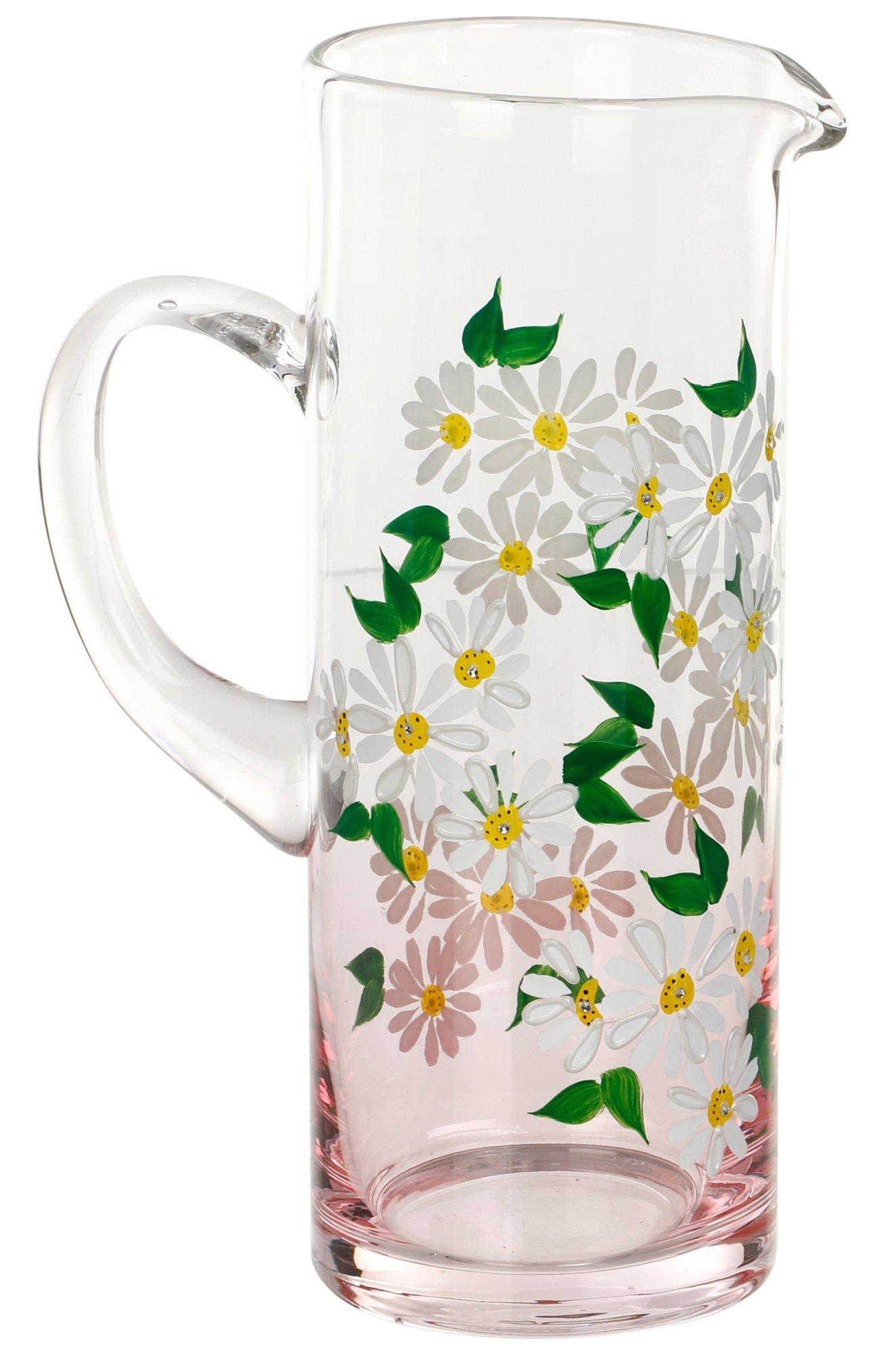11 in. Glass Haindpainted Daisy Drink Pitcher