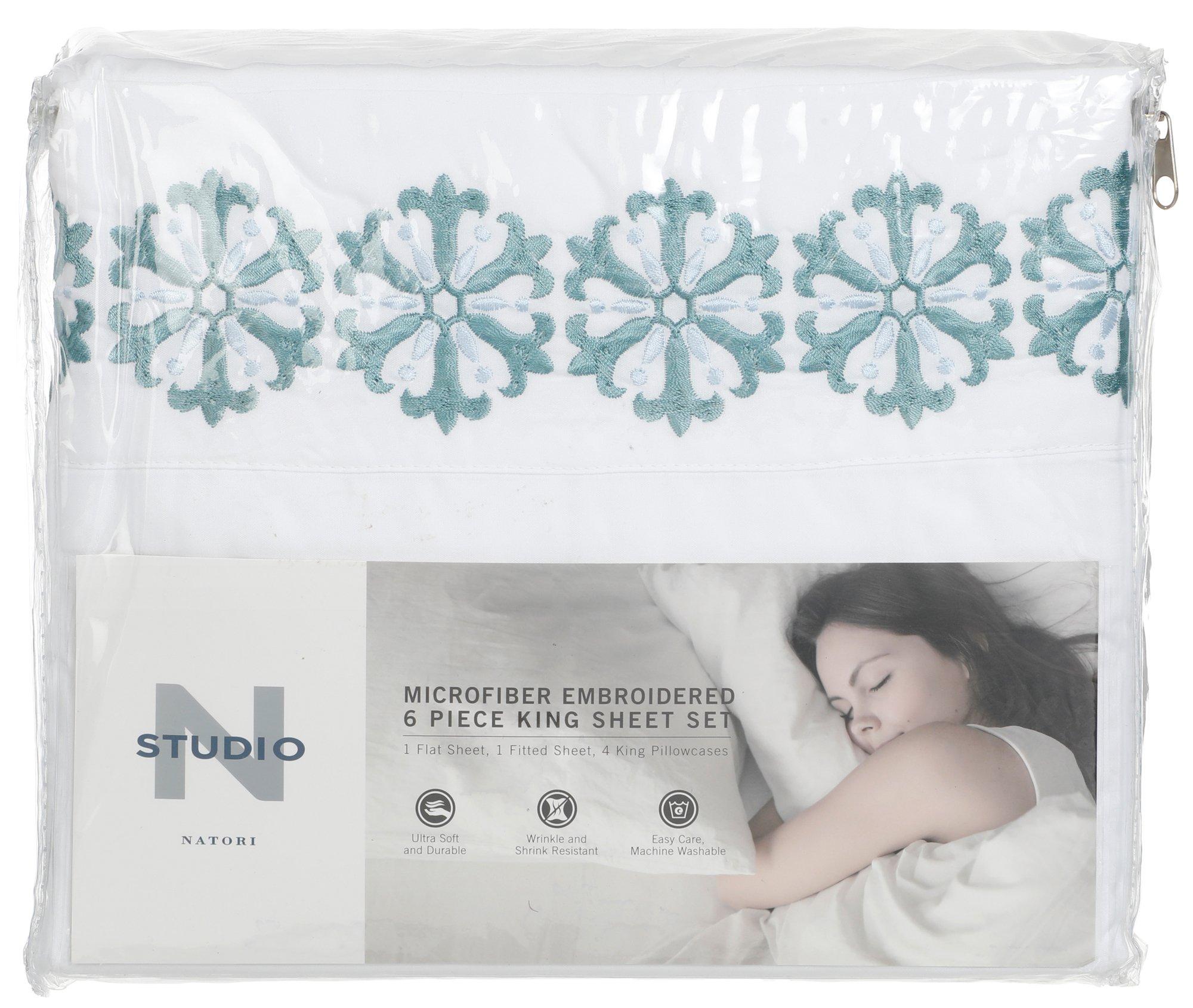 King Sized 6 Pc Embroidered Microfiber Sheet Set - White