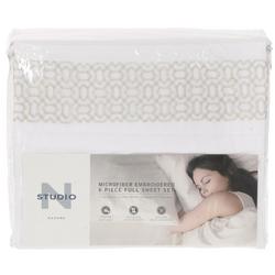 Full Size 6 Pc Microfiber Embroidered Sheet Set - White/Taupe