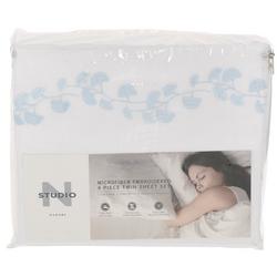 Twin Size 4 Pc Microfiber Embroidered Sheet Set - White/Blue