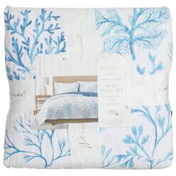 King Size 3 Pc Coral Reef Quilt Set - White/Blue