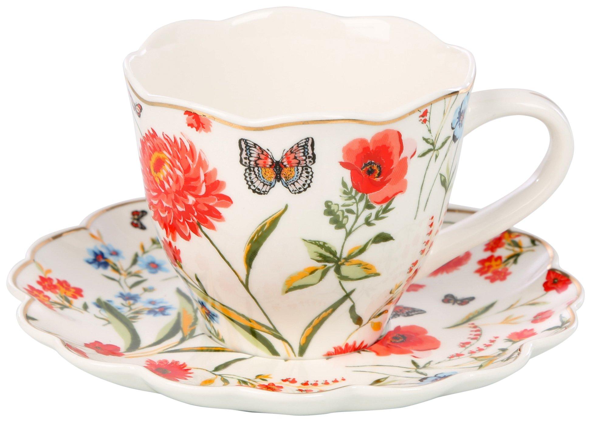 2 Pc Floral Teacup & Plate Set
