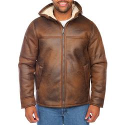 Men's Faux Leather Full Zip Hooded Jacket - Brown