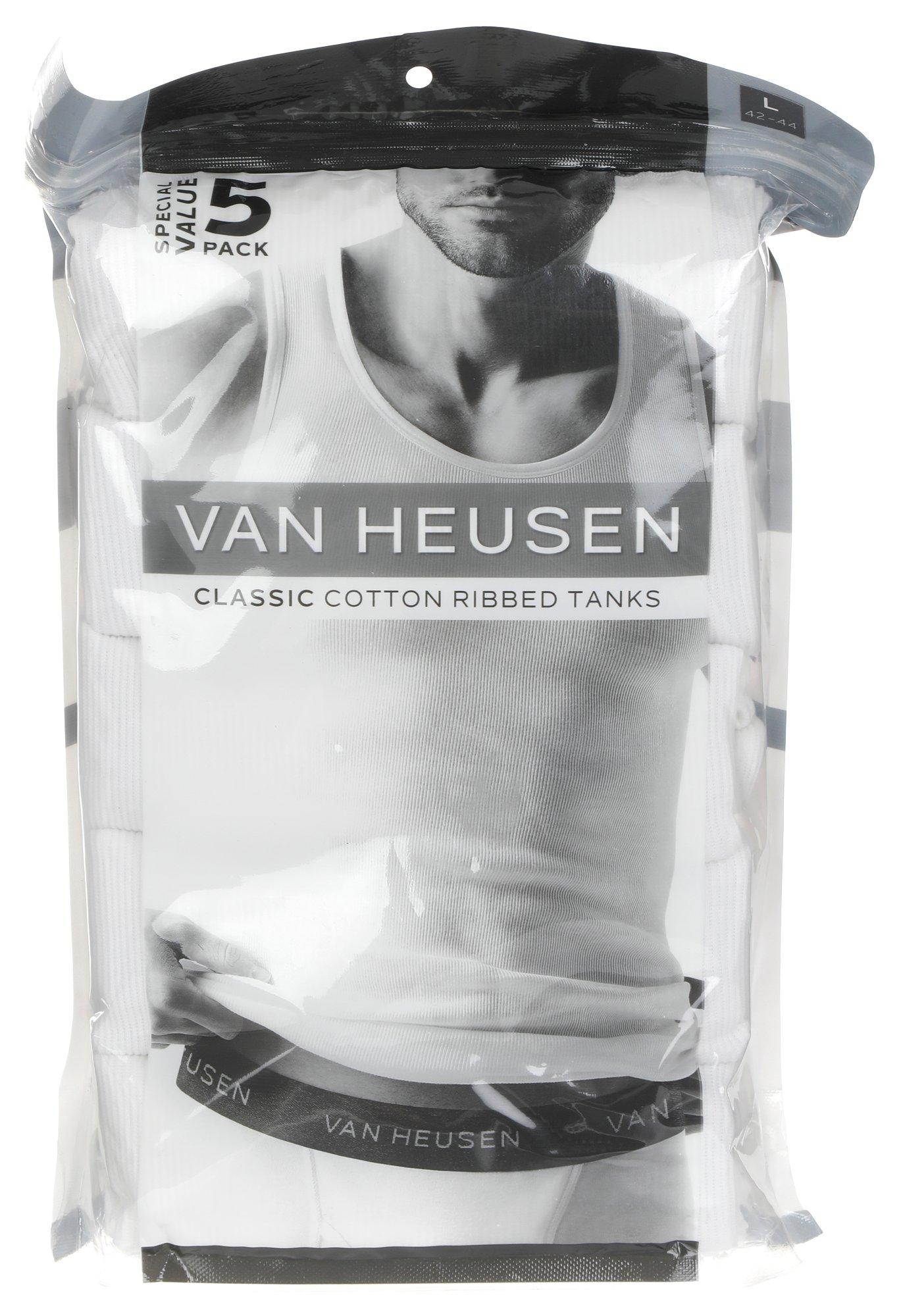 Men's 5 Pk Ribbed Classic Tanks - White