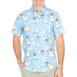 Men's Holiday Skull Snowman Short Sleeve Button-Up