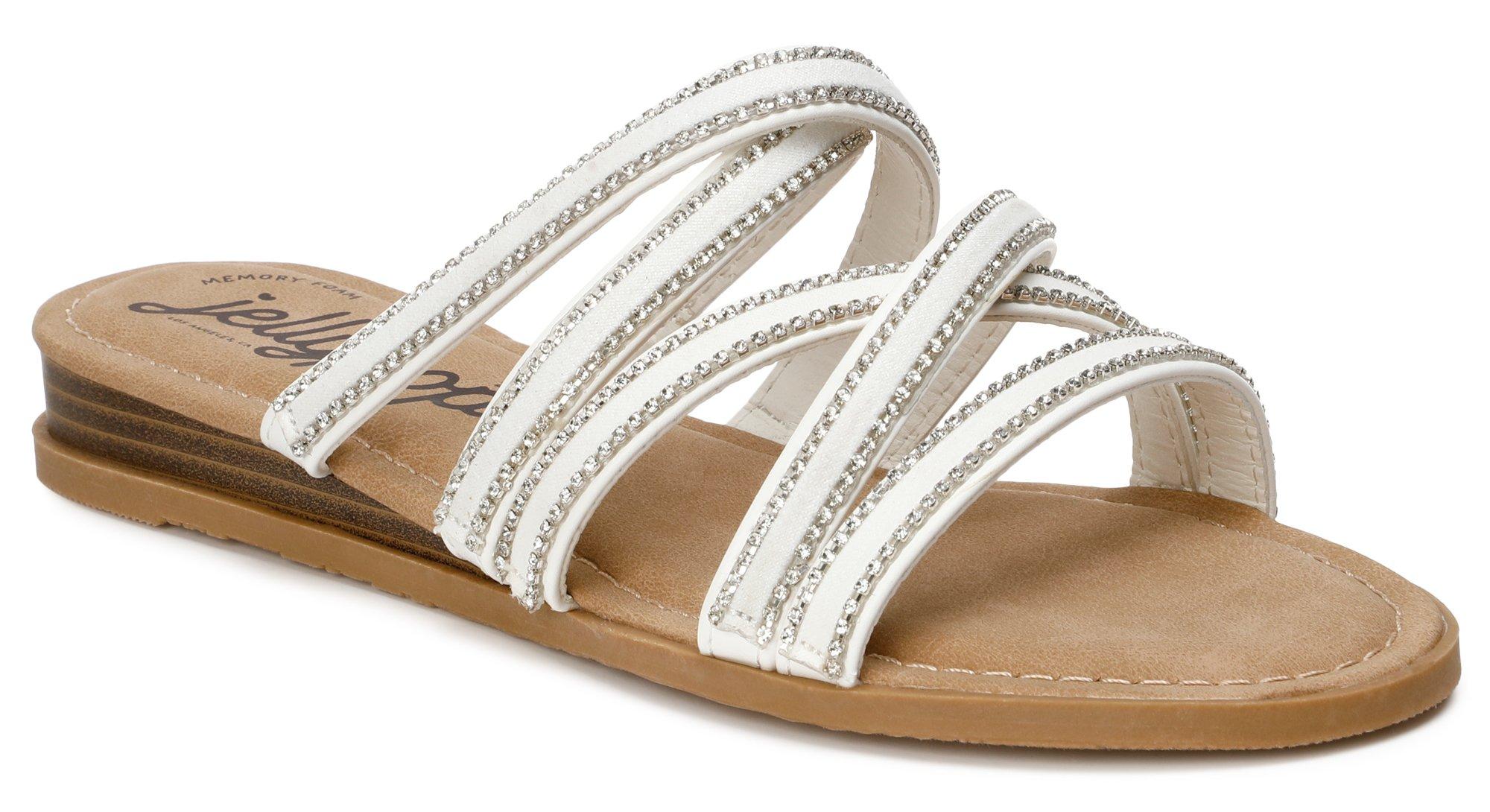 Women's White Beaded Slide Sandals