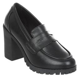 Women's Faux Leather Loafer Heels - Black