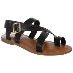 Women's Faux Leather Toe Strap Sandals - Black