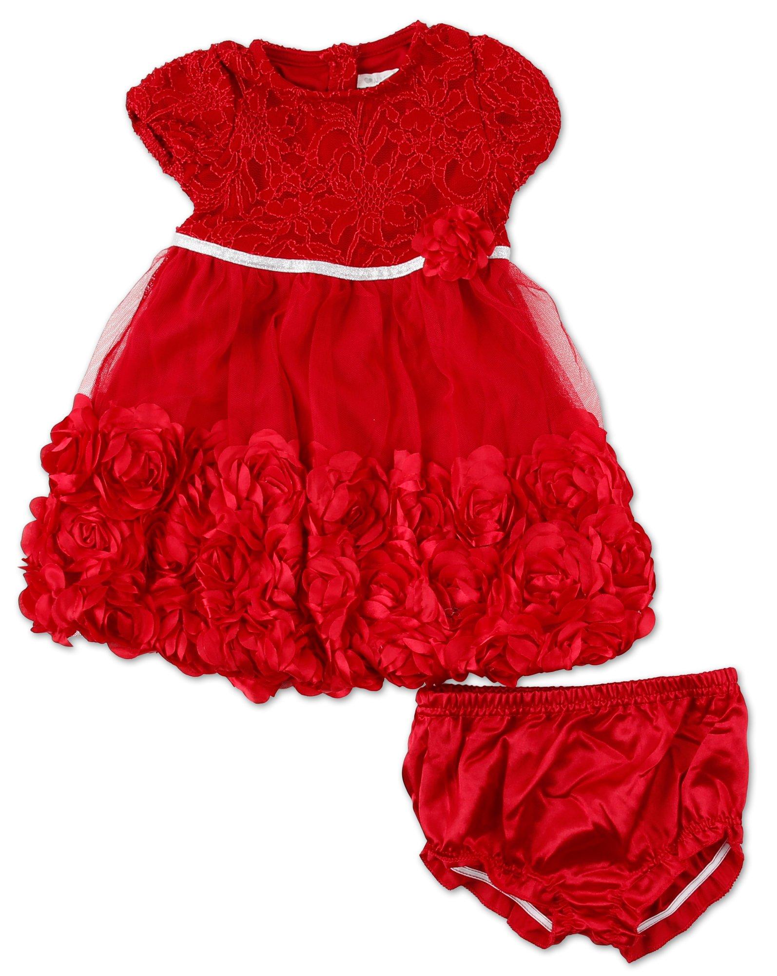 Baby Girls Solid Mesh Floral Dress - Red