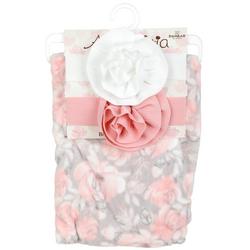 Baby 3 Pc Floral Blanket and Headwraps Set - Pink Multi