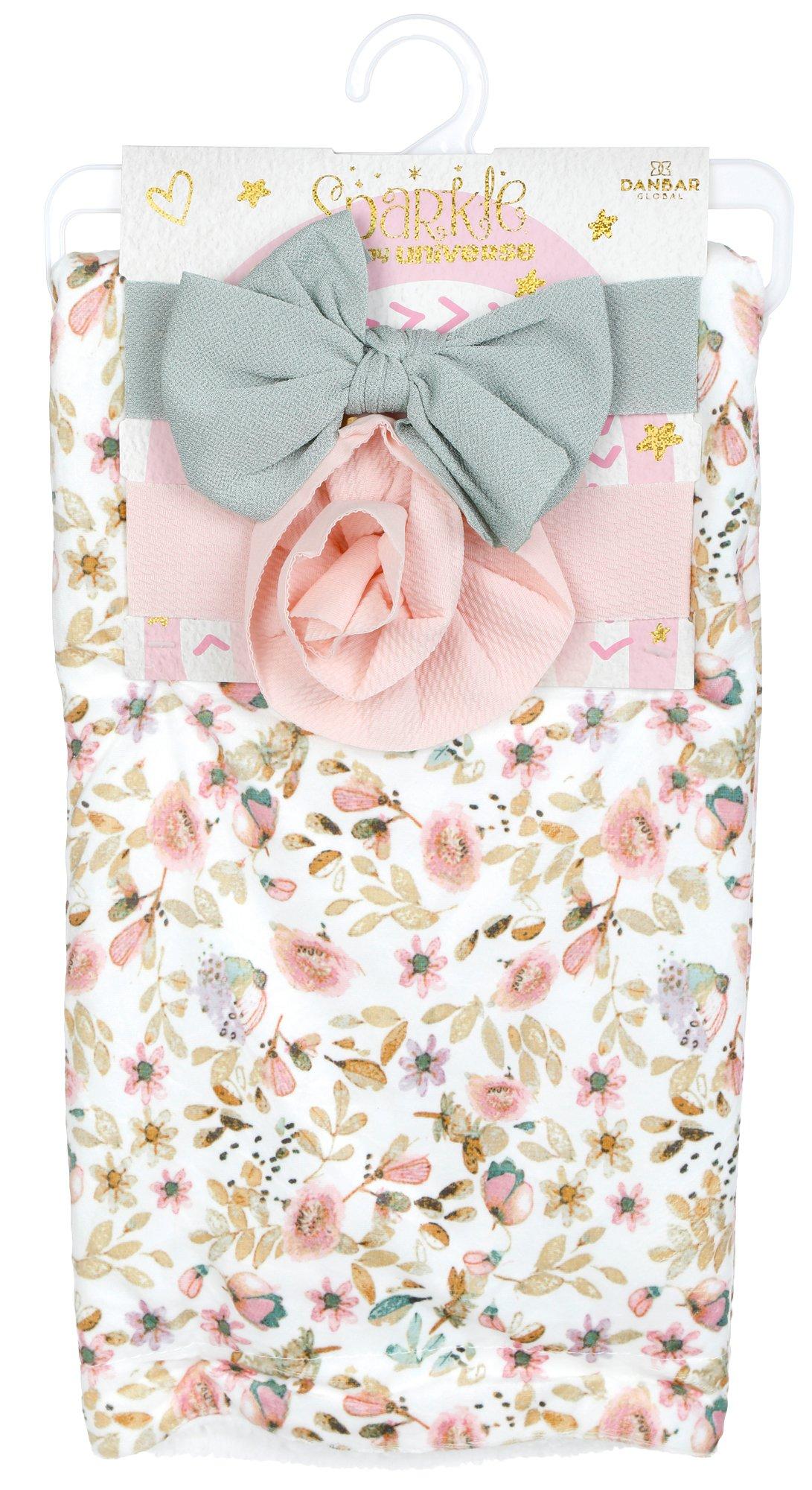 Baby 3 Pc Floral Blanket and Headwraps Set - Multi