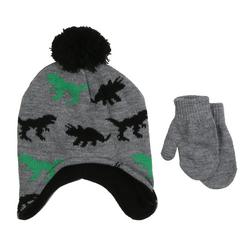 Baby 2 Pc Dinosaur Print Hat and Mittens Set - Grey
