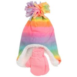 Baby Girls Rainbow Print Hat and Gloves Set - Pink Multi