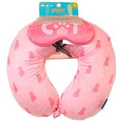 2 Pc Cat Travel Neck Pillow & Mask - Pink