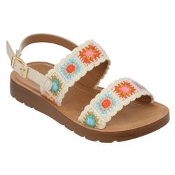 Girls Beige Floral Crocheted Sandals